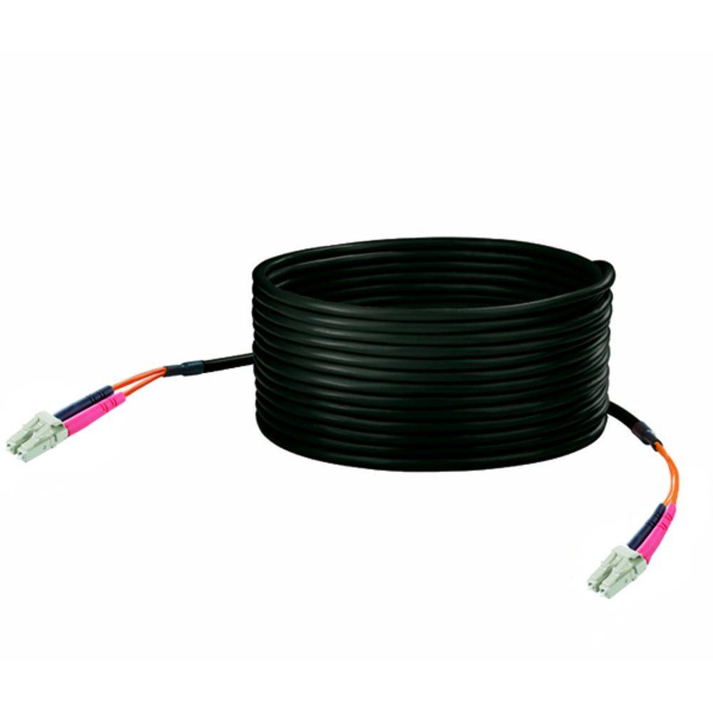 En lång, svart kabel, upprullad. I varje ände av kabeln finns kontakter med små, färgade komponenter.