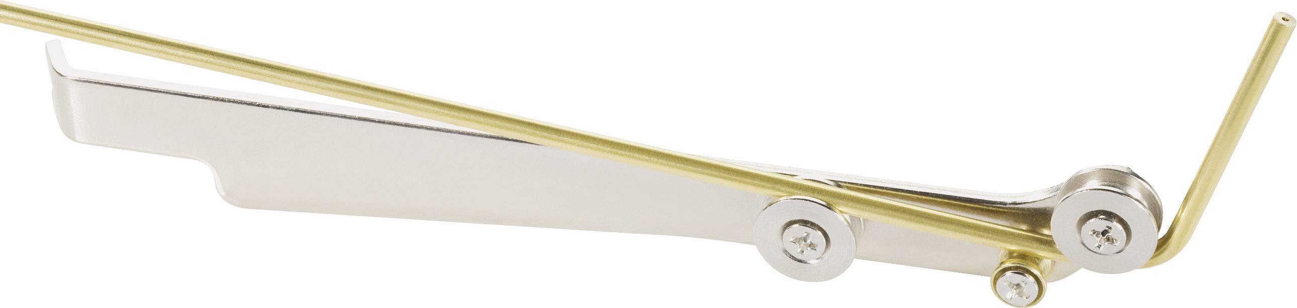 Ett silverfärgat metallverktyg med två justerbara guldtrådsarmar och skruvar, sannolikt ett specialverktyg.