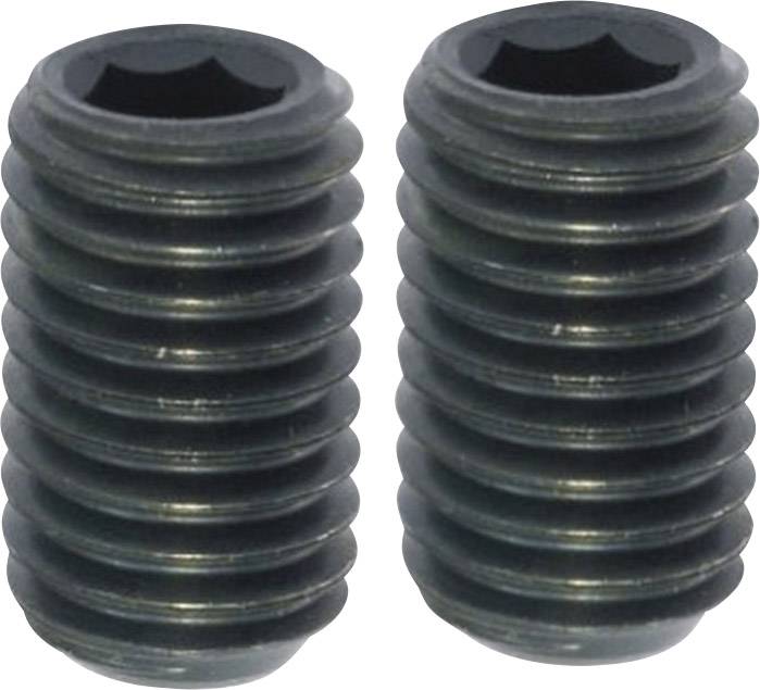 Två svarta gängstift med invändig sexkant. De har en cylindrisk form och är spiralformigt räfflade.