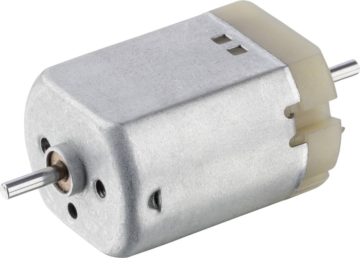 En liten likströmsmotor med metallhölje och två axlar, vanligen använd för mekaniska tillämpningar i apparater.