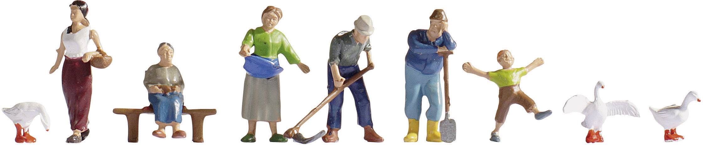 Små figurer vid trädgårdsarbetet: En kvinna med spade, en man med skottkärra, en bonde med gås, och ett barn dansar glatt.