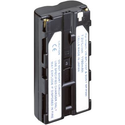 Ett rektangulärt, svart batteri för Sony NP-F330 med 7,2V och 1150mAh. 'For Hitachi VM-BPL13/27 & SONY NP-F330' är tryckt på batteriet.