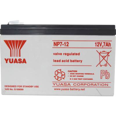 Yuasa-batteri, modell NP7-12, 12V, 7Ah, blysyrereglerat, med varningsanvisningar för att undvika kortslutningar.