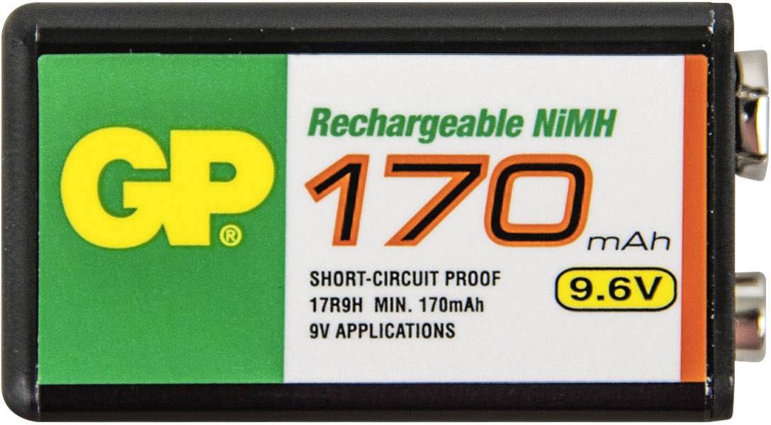'GP laddningsbar NiMH-batteri, 170 mAh, 9,6V. Kortslutningssäker, lämplig för 9V-användningar.'