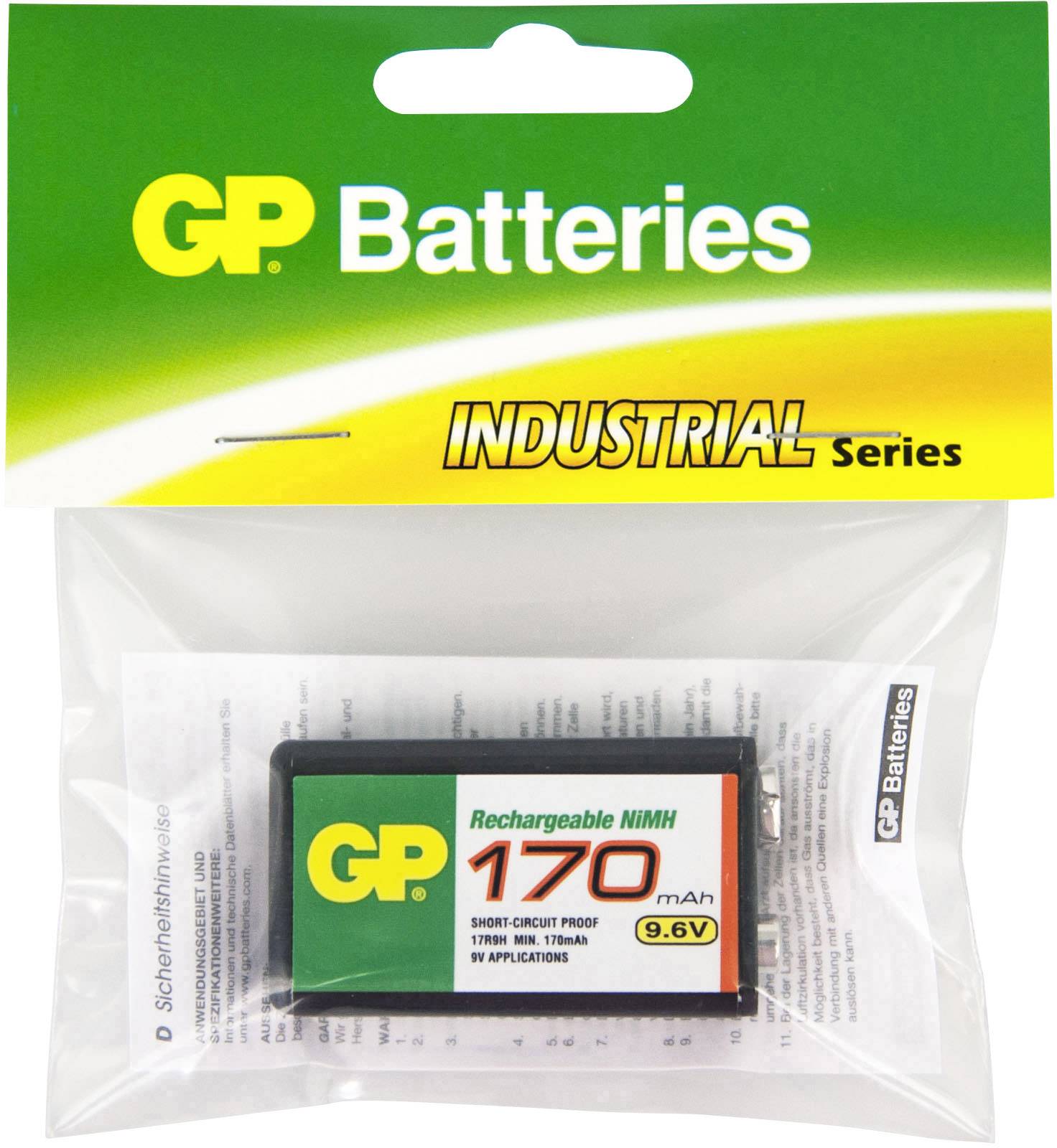 GP Batteries, Industriserie: Uppladdningsbart 9,6V NiMH-batteri med 170mAh i plastförpackning.