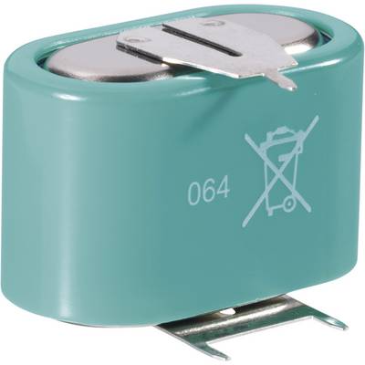 Grön, rektangulär batteri med två metallkontakter. Symbolen för "Får ej slängas i hushållssoporna" tydligt synlig.