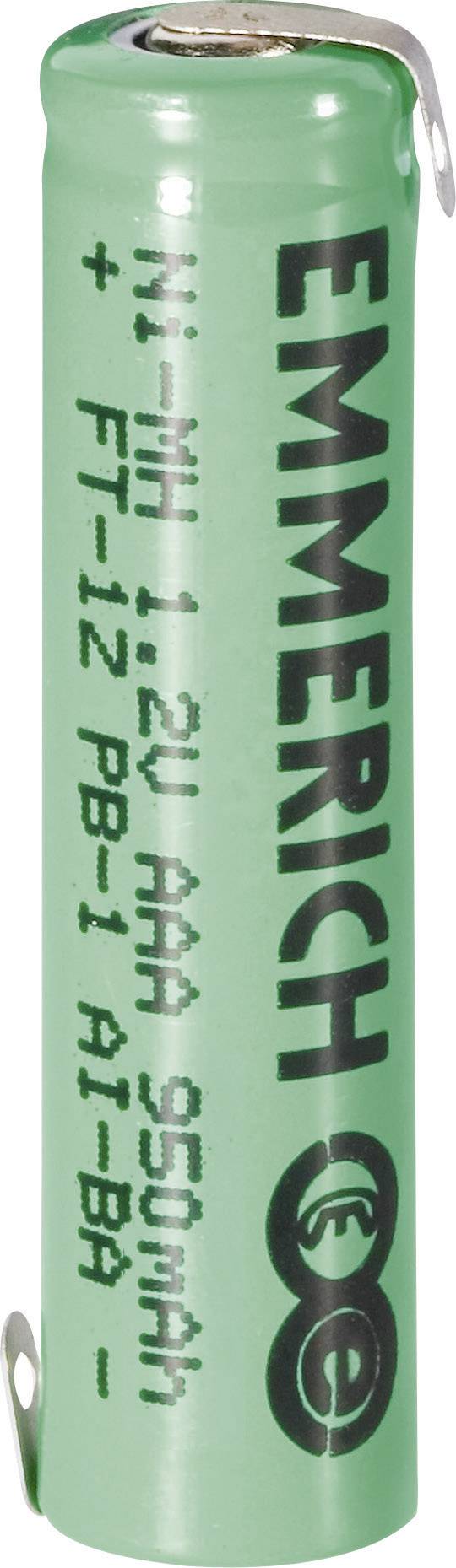 Ett grönt AAA-batteri märkt 'EMMERICH' med specifikationer: 1,2V, 950mAh, Ni-MH, lämpligt för olika enheter.