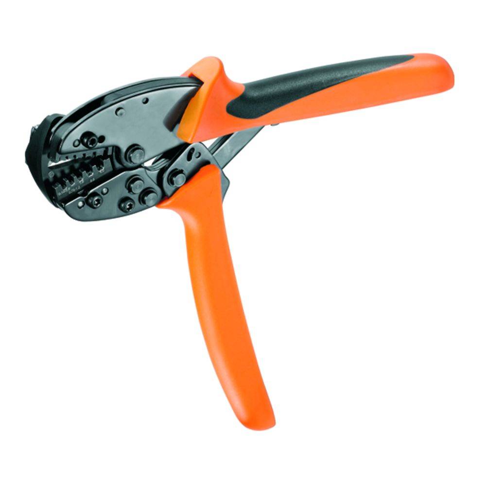 En orange-svart crimptång med ergonomiskt grepp, lämplig för kabelanslutning och elektronikarbeten.