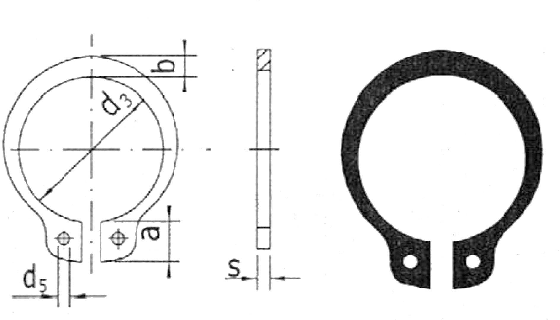 'Teckning av en säkringsring med dimensioner: d3, d5, s, a, b. Vänster teknisk skissvy, höger ovanifrån.'