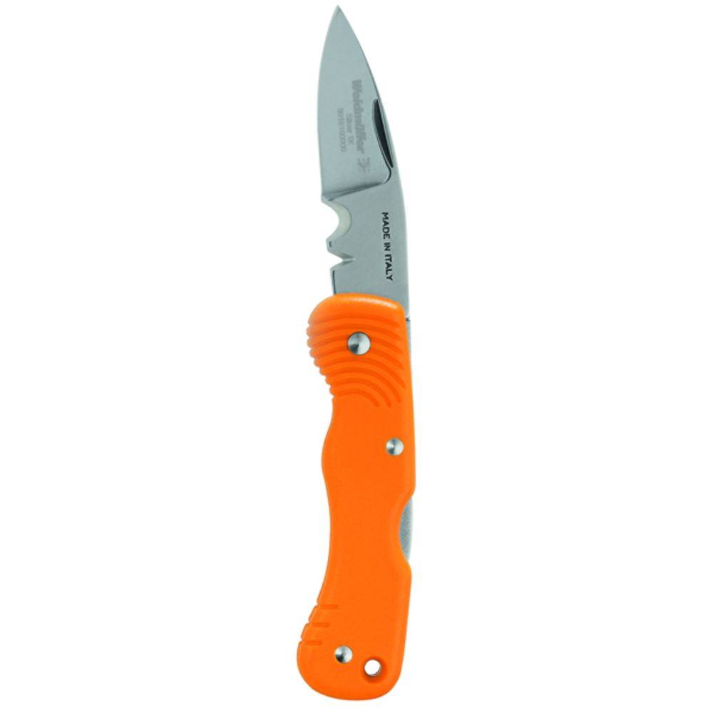 En fällkniv med orange skaft och silverfärgat blad.