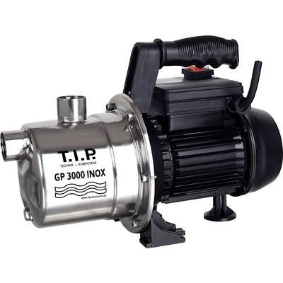 En silverfärgad vattenpump märkt 'T.I.P. GP 3000 INOX' med ett svart handtag; robust design för vattenförsörjning.
