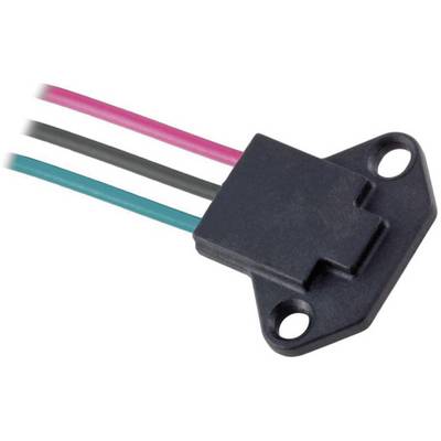 En svart magnetisk sensor med två skruvhål; röda, svarta och gröna trådar är anslutna.