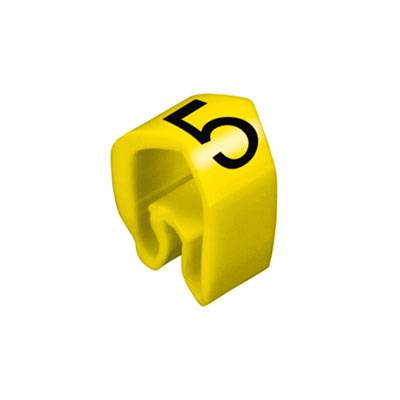 Gul plastklämmma tryckt med siffran '5', använd för märkning.