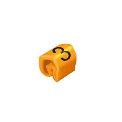 En orange-gul kabelmarkeringsring med numret '3' på.
