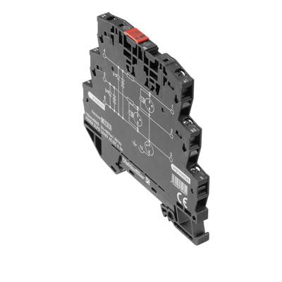 En svart elektronisk omkopplare med flera anslutningar och en röd strömbrytare överst, använd inom industriella tillämpningar.