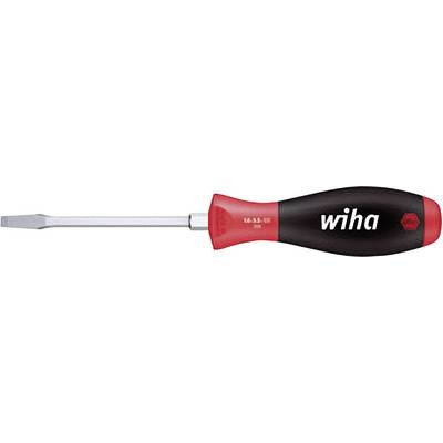 Platt skruvmejsel med röd och svart ergonomisk skaftdesign, varumärket 'Wiha' synligt.
