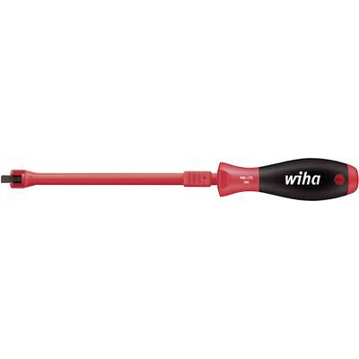 Elektrisk skruvmejsel med rött handtag och svart hölje, märkt 'wiha' med isolerat blad för säkert arbete.