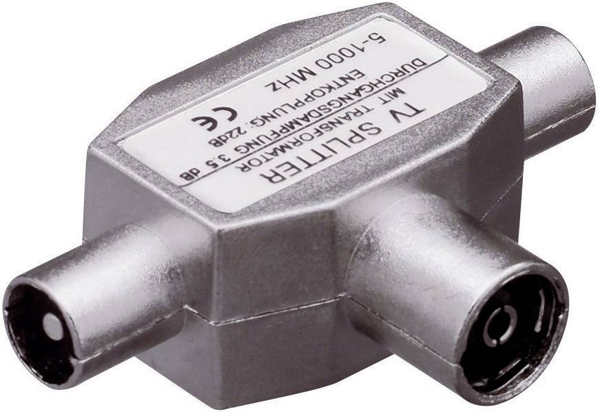 Metallisk TV-splitter med tre koaxialanslutningar för frekvenser mellan 5-1000 MHz, CE-certifierad.