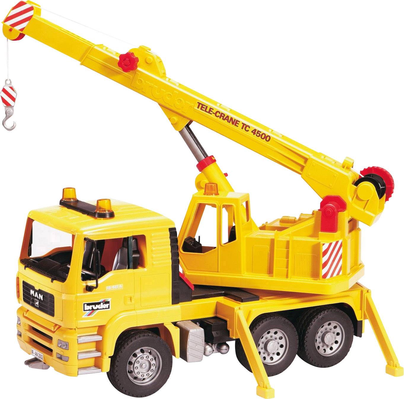 En gul leksakskranbil med texten 'Tele-Crane TC 4500', som visar en utdragbar arm och krok.