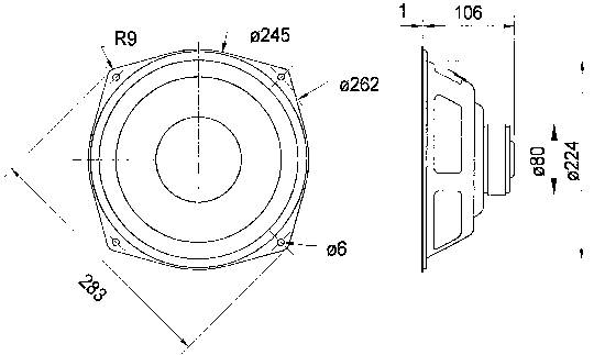 Teknisk ritning av en högtalare med mått: Diameter 262 mm, höjd 106 mm. Sidovy med detaljer om skruvpositioner.