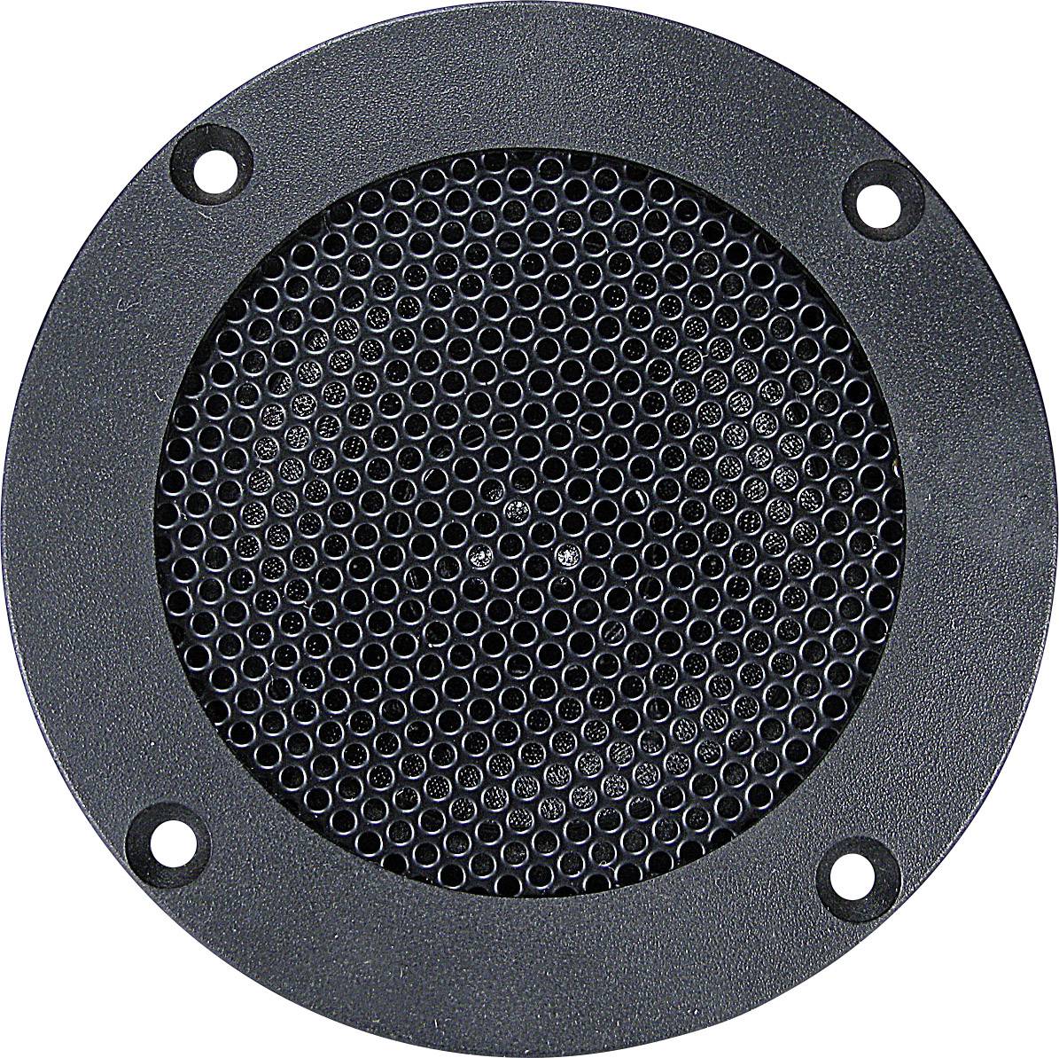 Rund högtalare med svart skyddsgaller och fyra fästhål i hörnen, ett centralt element i ett audiosystem.