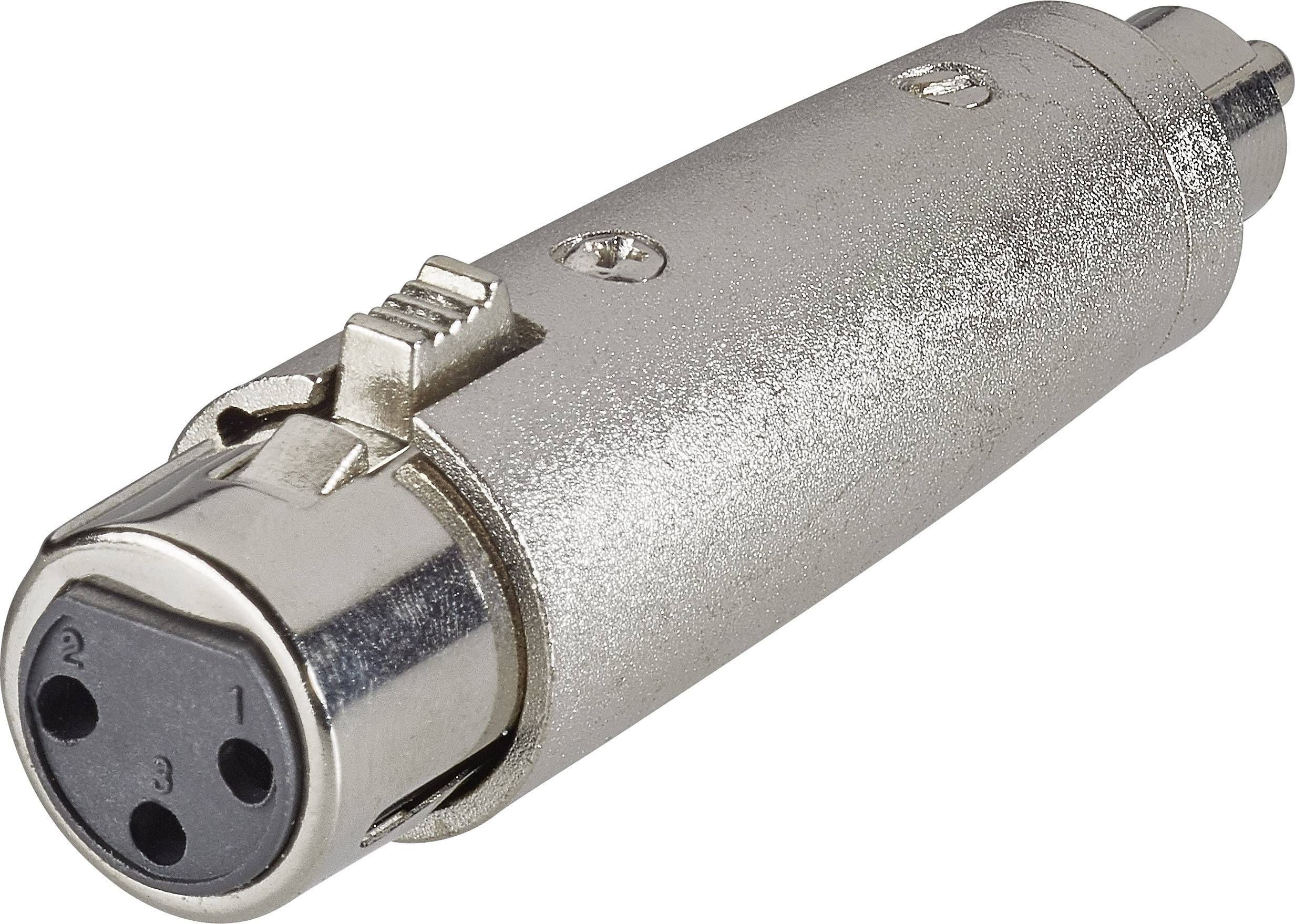 XLR-till-Cinch-adapterkontakt, metallhölje, med tre XLR-stift och ett Cinch-kontaktände. Används för ljudkabelanslutningar.