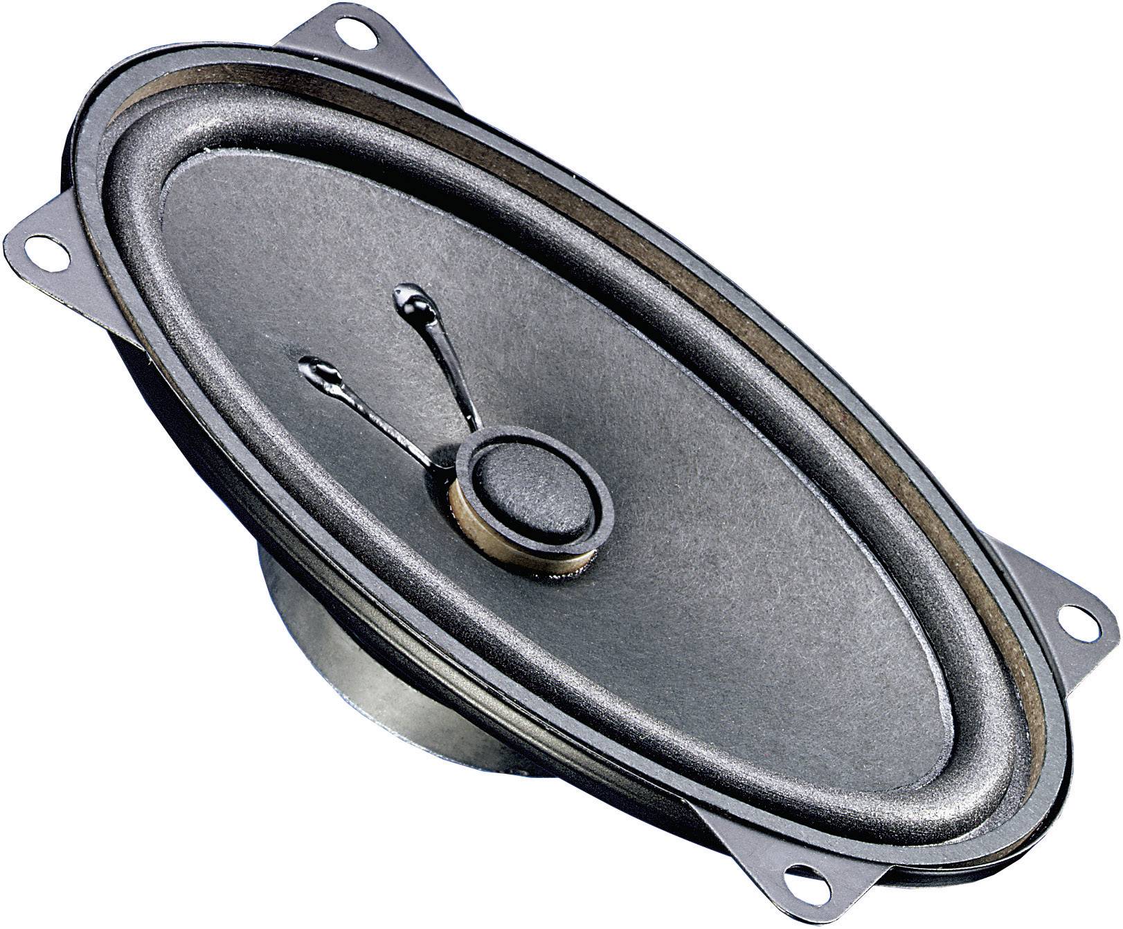 En oval högtalare i en metallram med en synlig membran och två anslutningsklämmor.