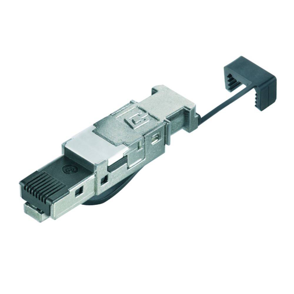 En silverfärgad RJ45-kontakt med svart hölje. Den används för att ansluta nätverkskablar.