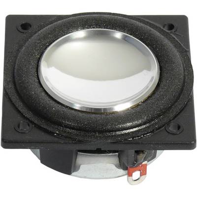 En fyrkantig högtalare med rund, silverfärgad membran i mitten och svart ram. Perfekt för audioprojekt.
