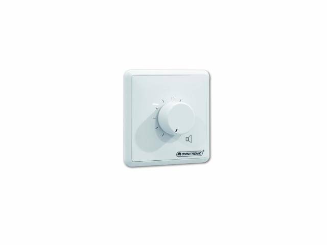 En vit väggbrytare med en vred för volymreglering, märkt med en högtalarsymbol.