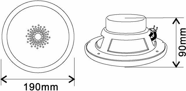 Teknisk ritning av en högtalare i sido- och toppvy. Diameter: 190 mm, höjd: 90 mm. Indikering av anslutningspunkter.