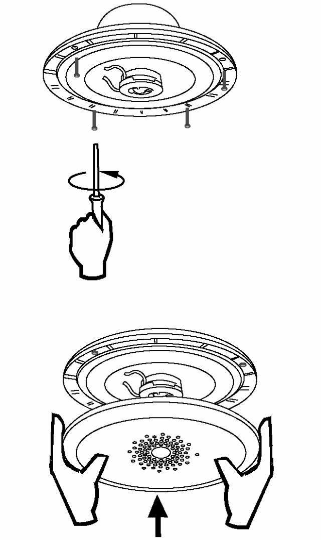Instruktion för montering av en LED-taklampa: En hand vrider en skruv, varefter armaturen trycks underifrån in i fästet.