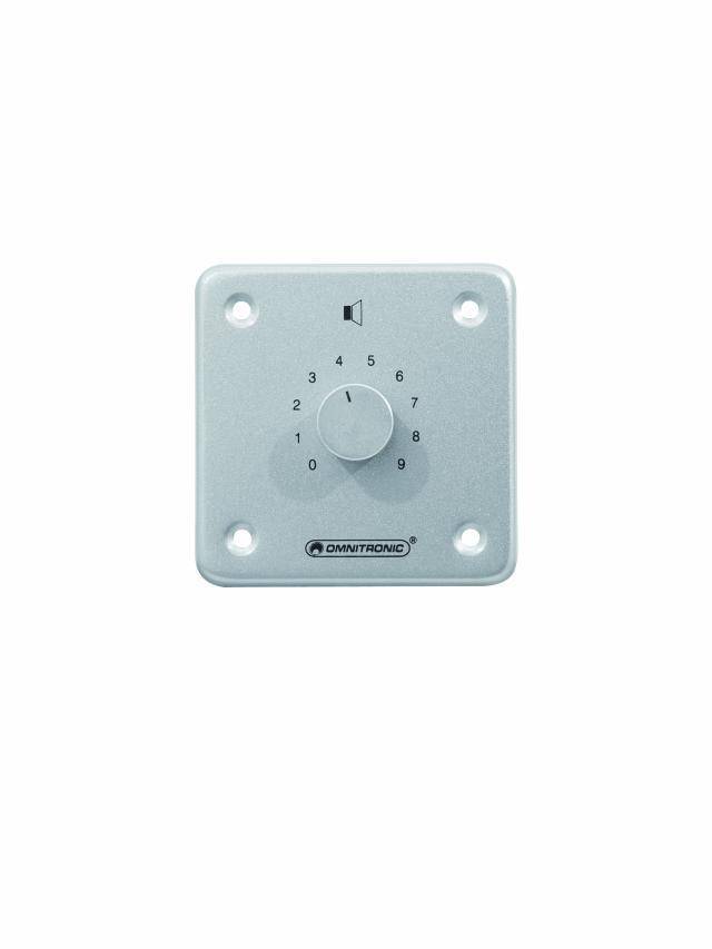 En silverfärgad väggmonterad volymkontroll med numrerade steg från 0 till 10 och en högtalarsymbol ovanför. Märke Omnitronic.