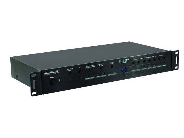 En svart ljudenhet i rack-format med knappar och ljusindikatorer på frontpanelen, märkt 'LUB-27'.