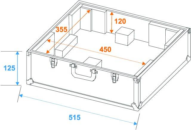 Dimensioner för en rektangulär låda: Bredd 515, längd 450, höjd 125. Invändiga mått: 355 och 120. Visar placeringsarrangemang och mellanväggar.