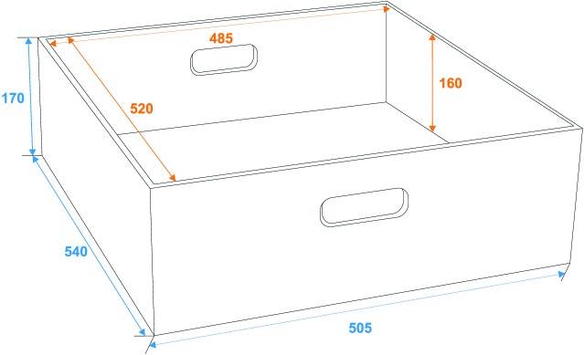 Teckning av en rektangulär behållare med mått: längd 520 mm, bredd 505 mm, höjd 170 mm. Sidlängder och handtagsdetaljer är markerade.