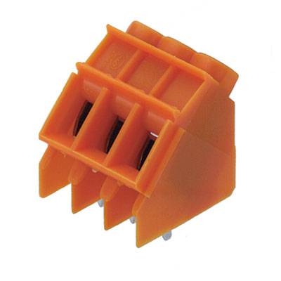 Orange kontakt med tre anslutningar, visar en rektangulär form med metallkontakter på undersidan.