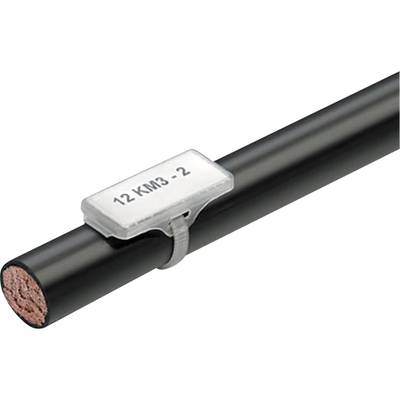 Kabel med metallsköld där det står '12 KM3 · 2'. Svart yttre hölje med synlig koppartråd.