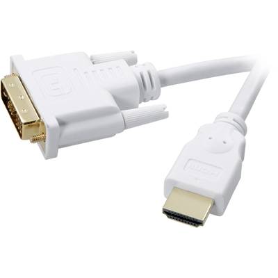 En vit kabel med en DVI-kontakt till vänster och en HDMI-kontakt till höger, för anslutning av videokällor till skärmar.