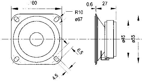 Teknisk ritning av en högtalare med mått: Bredd 60 mm, höjd 67 mm, djup 27 mm. Visar front- och sidovy.