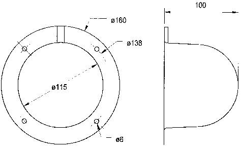 Teknisk ritning av en flänst: vy framifrån och från sidan. Mått: diameter 160 mm, 138 mm, 115 mm, 6 mm, längd 100 mm.