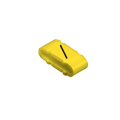 Gul, rektangulär plastkomponent med ett smalt hack på ovansidan.
