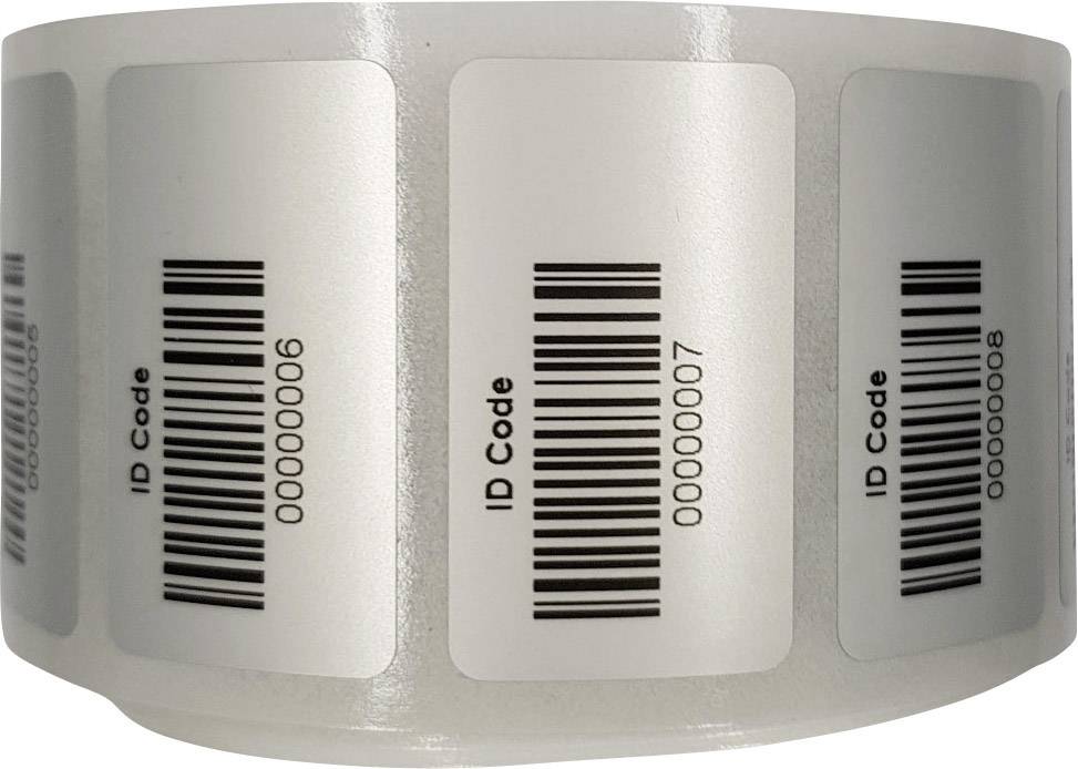 Rollen av gråa etiketter med streckkoder och påskriften 'ID Code', där siffror varierar mellan '00000006' och '00000007'.