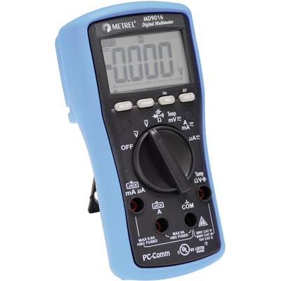 Ett blått digitalt multimeter visar '0.000 V' på displayen. Det har olika knappar för val av spännings- och strömätningsområden.