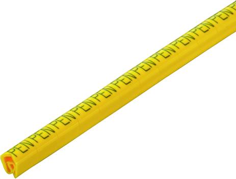 Gul penna med tryckt text 'PEN' i svart skrift upprepade gånger längs pennans skaft.