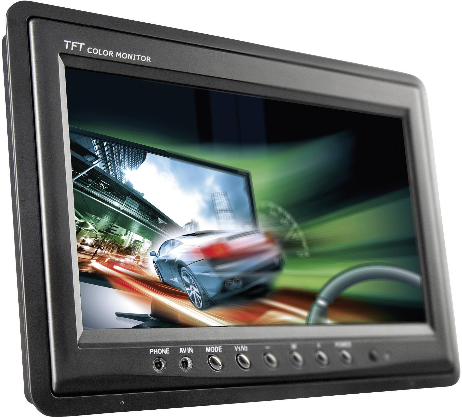 En snabb sportbil på en skärm som visar hastighet och rörelse. Monitorn har knappar för olika ingångar.