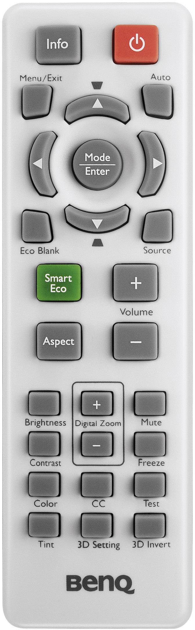 Fjärrkontroll med knappar för Info, Meny, Eco, Volym och 3D-inställningar. Markant röd På/Av-knapp och grön Smart Eco-knapp.