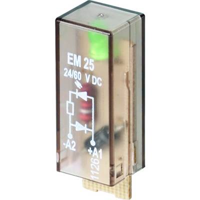 En transparent elektronikkomponent med påskriften 'EM 25 24/60 V DC' och ett kopplingsschema på framsidan, med en antydd grön LED inuti.