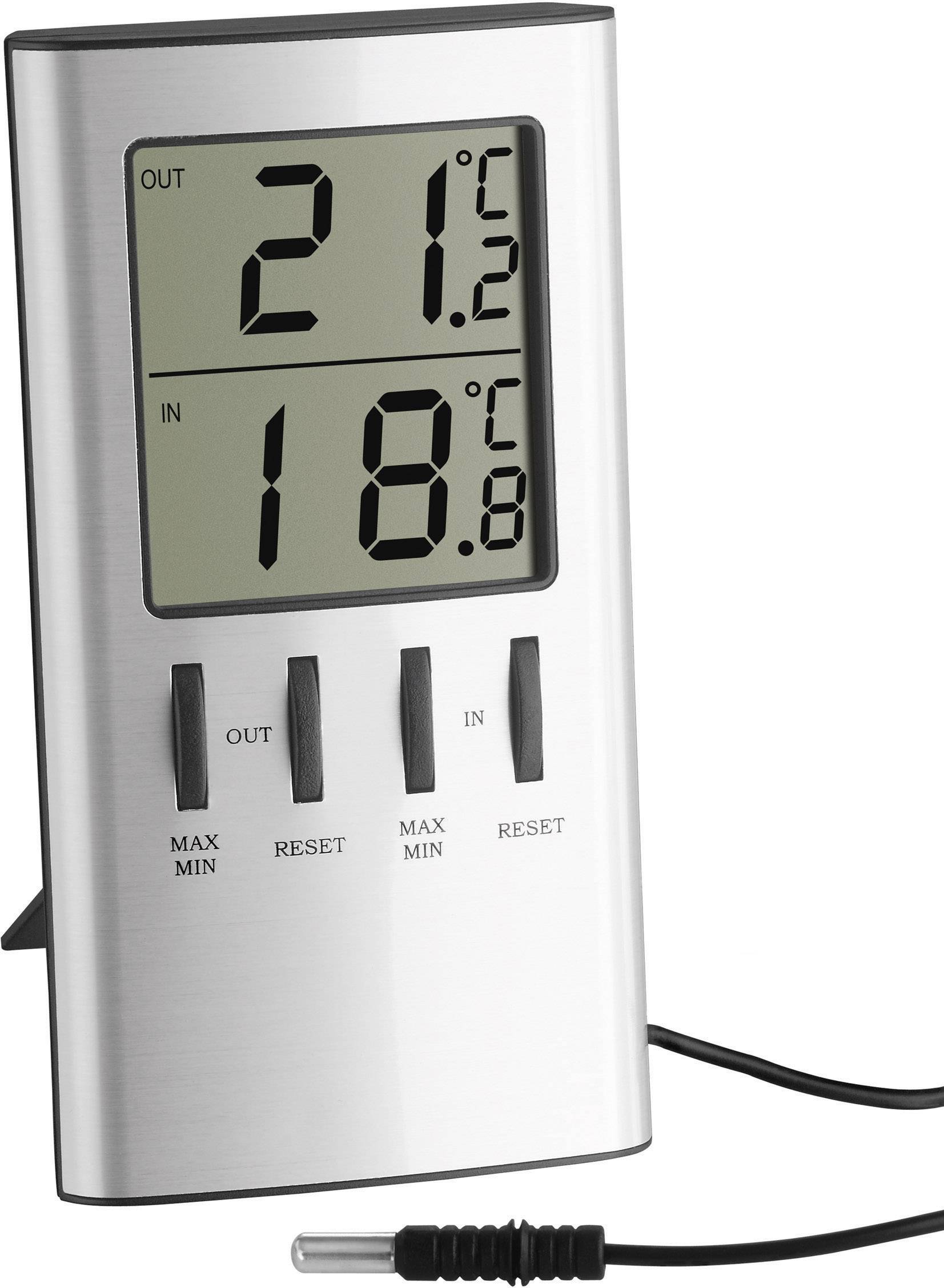 Digitalt termometer med två displayer: Utomhustemperatur (21,2°C) och inomhustemperatur (18,8°C). Två återställningsknappar och sensor med kabel.