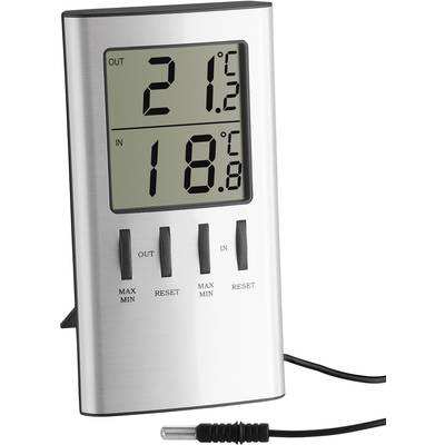 Digitalt termometer med två displayer: Utomhustemperatur (21,2°C) och inomhustemperatur (18,8°C). Två återställningsknappar och sensor med kabel.